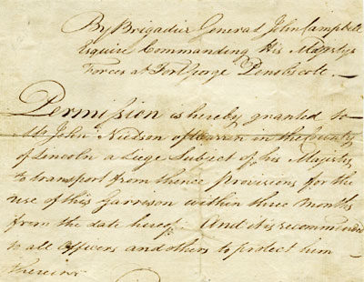 Permit, General John Campbell,  Fort George to John Nielson, Warren, for safe conduct delivering provisions to Penobscot (later Castine), 1782