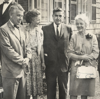 Left to right, Dr. Robert Russell and Doris Russell (hosts at their home in Castine), U.S. Representative Clifford McIntire, and U.S. Senator Margaret Chase Smith, June 30, 1963, photograph by Pratt’s Photo Service, loaned by Doris Russell