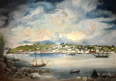 Kathleen “Billy” Washburn was a folk artist who lived in Orrington, Maine. Her primitive painting style lent itself to historical scenes such as this lovely interpretive view of Castine in centuries past. Donated by Jim and Leila Day.