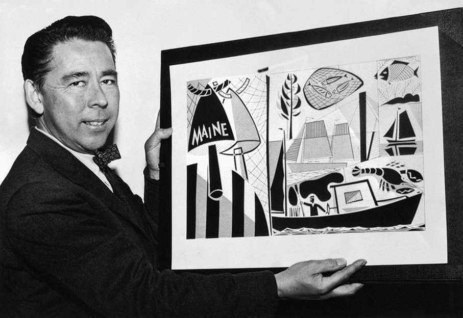 Francis Hamabe holding one of his drawings of Maine